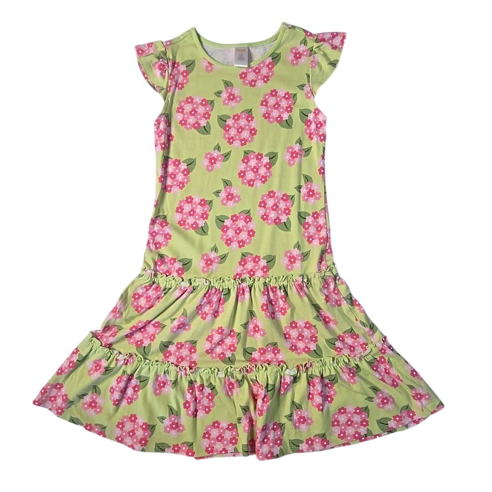 Gymboree Floral Tiered Ruffle Dress Kid 12 Lime Green Pink Hydrangea Cottagecore